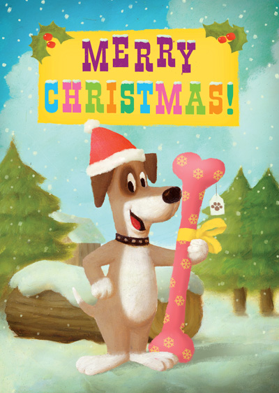 Dog with Bone Christmas Greeting Card by Stephen Mackey